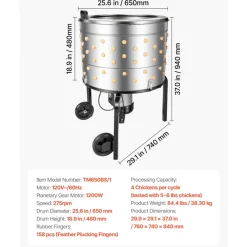 VEVOR Chicken Plucker Machine, 25.6 in Drum, 1200W & 275RPM Electric Chicken Plucking Machine with 158 Soft Fingers & Transport Wheels, Stainless Steel Feather Remover for Processing 4 Chicks Once