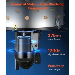 VEVOR Chicken Plucker Machine, 25.6 in Drum, 1200W & 275RPM Electric Chicken Plucking Machine with 158 Soft Fingers & Transport Wheels, Stainless Steel Feather Remover for Processing 4 Chicks Once