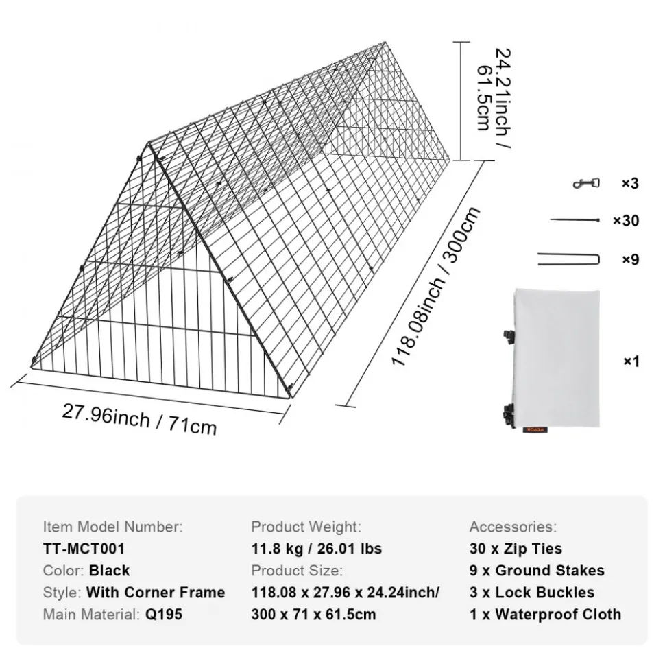 VEVOR Chicken Tunnels, 118.1 x 28 x 24.2 inch (LxWxH) Chicken Tunnels for Yard, Portable Chicken Tunnels for Outside Easy Installation, Chicken Coop Run, Suitable for Chickens, Ducks, Rabbits