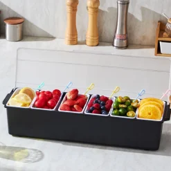 VEVOR Chilled Condiment Server, 6 Compartment Ice Cooled Condiment Serving Container, Chilled Garnish Tray Bar Caddy with Lid, for Bartending & Serving Taco, Salad, Fruit, Home & Restaurant Supplies