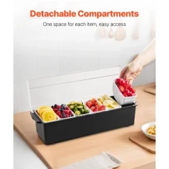 VEVOR Chilled Condiment Server, 6 Compartment Ice Cooled Condiment Serving Container, Chilled Garnish Tray Bar Caddy with Lid, for Bartending & Serving Taco, Salad, Fruit, Home & Restaurant Supplies