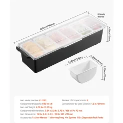 VEVOR Chilled Condiment Server, 6 Compartment Ice Cooled Condiment Serving Container, Chilled Garnish Tray Bar Caddy with Lid, for Bartending & Serving Taco, Salad, Fruit, Home & Restaurant Supplies