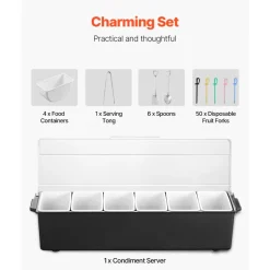 VEVOR Chilled Condiment Server, 6 Compartment Ice Cooled Condiment Serving Container, Chilled Garnish Tray Bar Caddy with Lid, for Bartending & Serving Taco, Salad, Fruit, Home & Restaurant Supplies
