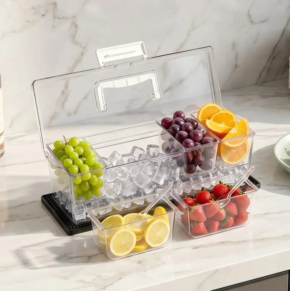 VEVOR Chilled Condiment Server Caddy, 5 Compartment Ice Cooled Serving Container, Plastic Fruit Garnish Tray Platter with Lid, for Taco Salad Bar Accessories, Party Home Restaurant Supplies