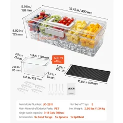 VEVOR Chilled Condiment Server Caddy, 5 Compartment Ice Cooled Serving Container, Plastic Fruit Garnish Tray Platter with Lid, for Taco Salad Bar Accessories, Party Home Restaurant Supplies