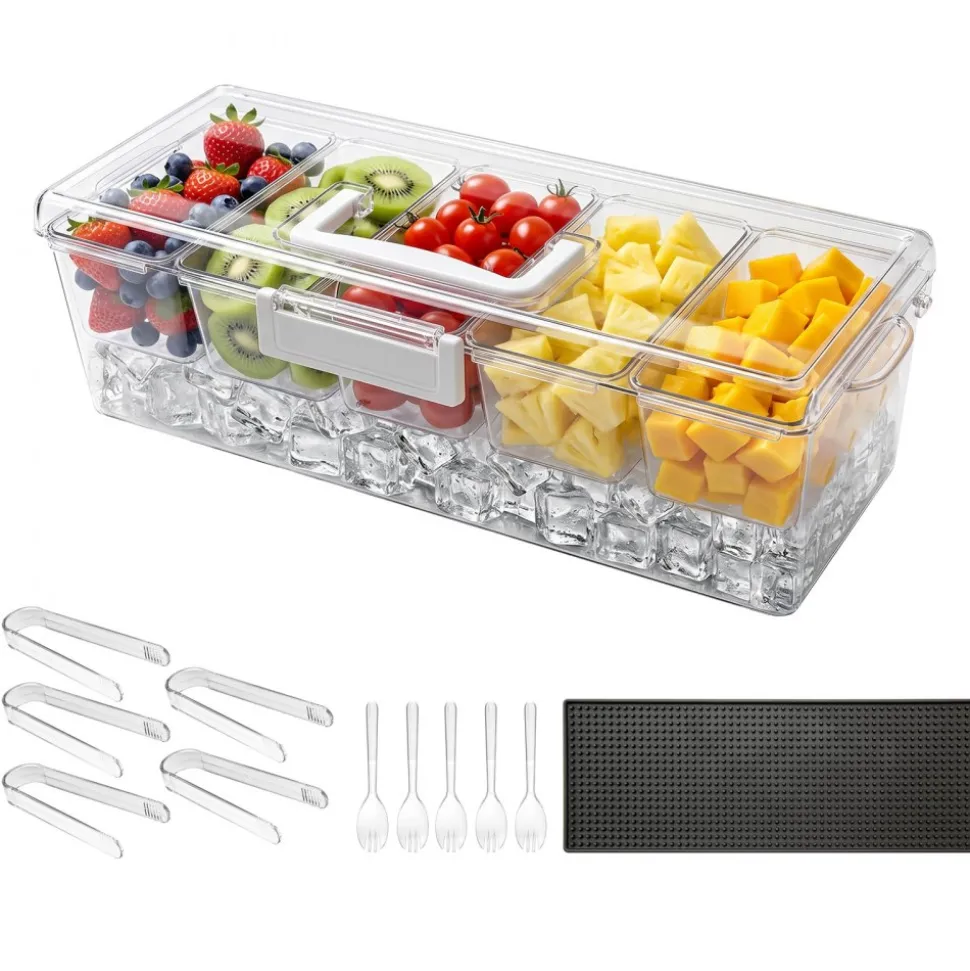 VEVOR Chilled Condiment Server Caddy, 5 Compartment Ice Cooled Serving Container, Plastic Fruit Garnish Tray Platter with Lid, for Taco Salad Bar Accessories, Party Home Restaurant Supplies