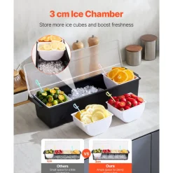 VEVOR Chilled Condiment Server, 4 Compartment Ice Cooled Condiment Serving Container, Chilled Garnish Tray Bar Caddy with Lid, for Bartending & Serving Taco, Salad, Fruit, Home & Restaurant Supplies