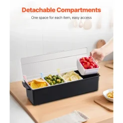 VEVOR Chilled Condiment Server, 4 Compartment Ice Cooled Condiment Serving Container, Chilled Garnish Tray Bar Caddy with Lid, for Bartending & Serving Taco, Salad, Fruit, Home & Restaurant Supplies
