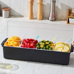VEVOR Chilled Condiment Server, 4 Compartment Ice Cooled Condiment Serving Container, Chilled Garnish Tray Bar Caddy with Lid, for Bartending & Serving Taco, Salad, Fruit, Home & Restaurant Supplies