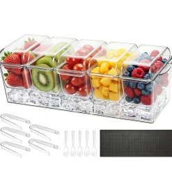 VEVOR Chilled Condiment Server Caddy, 5 Compartment Ice Cooled Serving Container, Plastic Fruit Garnish Tray Platter with Separate Lid, for Taco Salad Bar Accessories, Party Home Restaurant Supplies