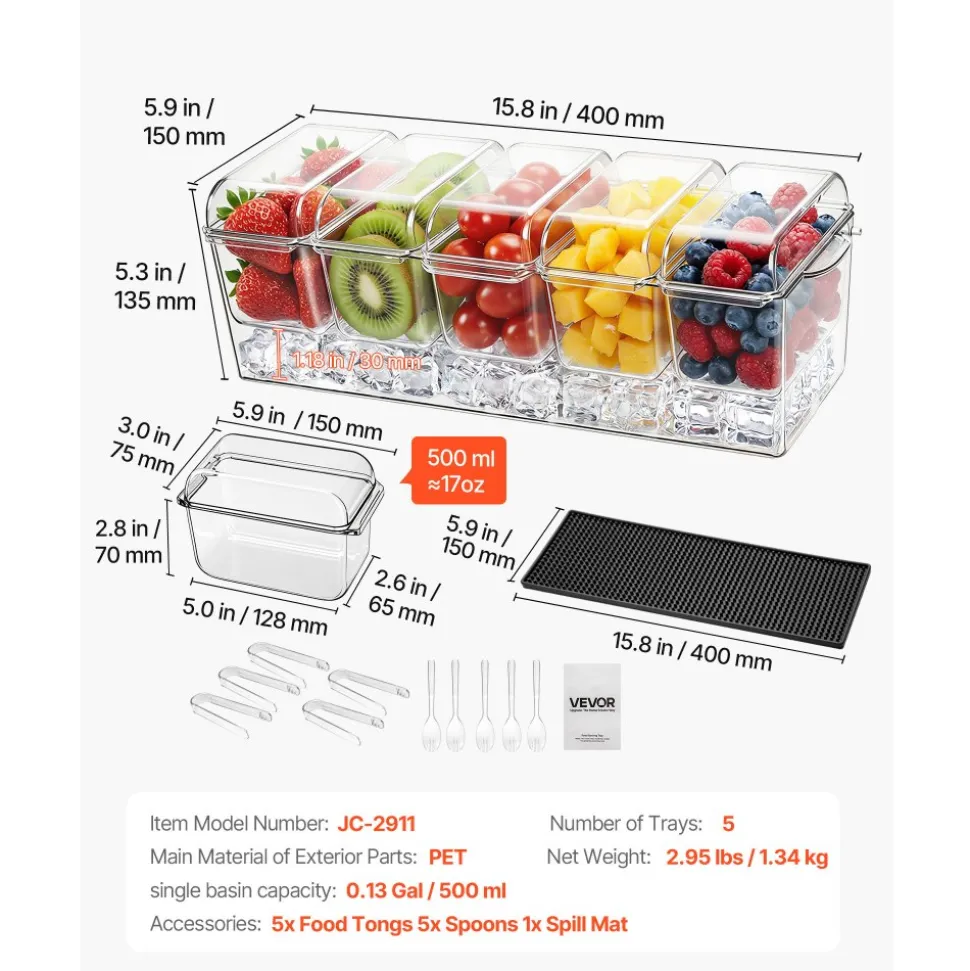VEVOR Chilled Condiment Server Caddy, 5 Compartment Ice Cooled Serving Container, Plastic Fruit Garnish Tray Platter with Separate Lid, for Taco Salad Bar Accessories, Party Home Restaurant Supplies
