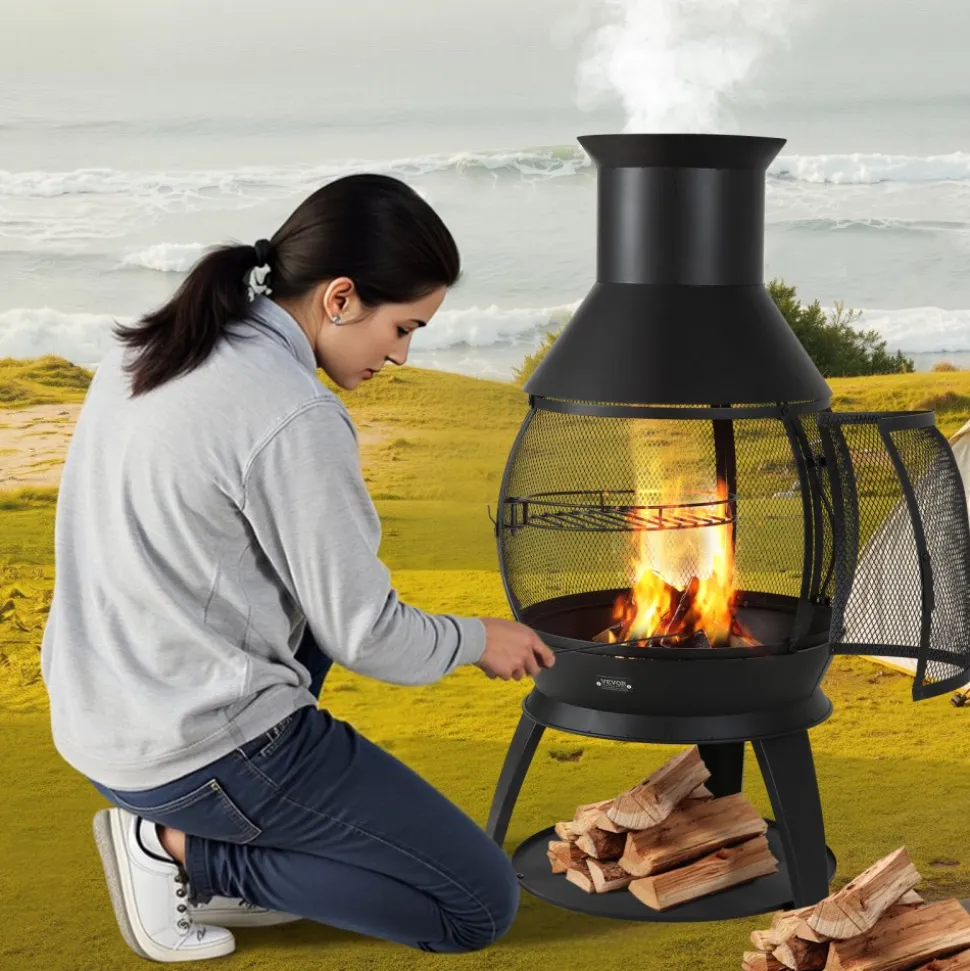 VEVOR Chiminea, 22 Inch Outdoor Wood Burning Firepit, Iron Spherical Fireplace for BBQ & Warming, Wooden Fire Pit with Grill Mesh, Chimney Coat & Rustproof Chiminea Lid, for Patio, Garden, Backyard