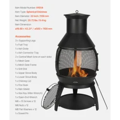 VEVOR Chiminea, 22 Inch Outdoor Wood Burning Firepit, Iron Spherical Fireplace for BBQ & Warming, Wooden Fire Pit with Grill Mesh, Chimney Coat & Rustproof Chiminea Lid, for Patio, Garden, Backyard