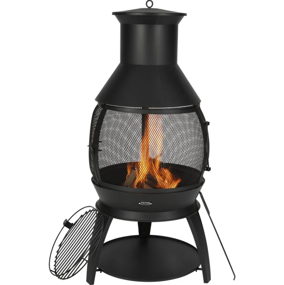 VEVOR Chiminea, 22 Inch Outdoor Wood Burning Firepit, Iron Spherical Fireplace for BBQ & Warming, Wooden Fire Pit with Grill Mesh, Chimney Coat & Rustproof Chiminea Lid, for Patio, Garden, Backyard