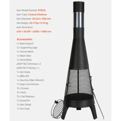 VEVOR Chiminea, 20 Inch Outdoor Wood Burning Firepit, Conical Fireplace for BBQ & Warming, Outside Wooden Fire Pit with Grill Mesh, Chimney Coat & Rustproof Chiminea Lid, for Patio, Garden, Backyard