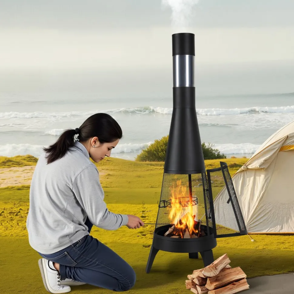 VEVOR Chiminea, 20 Inch Outdoor Wood Burning Firepit, Conical Fireplace for BBQ & Warming, Outside Wooden Fire Pit with Grill Mesh, Chimney Coat & Rustproof Chiminea Lid, for Patio, Garden, Backyard