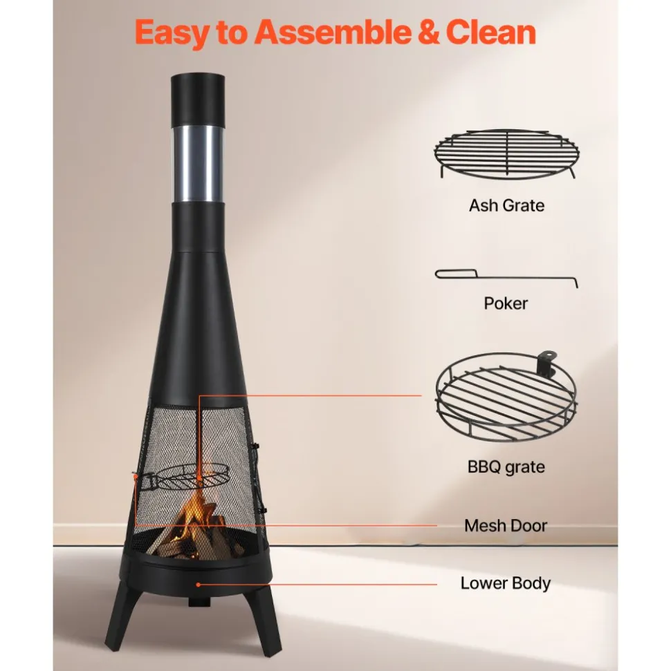 VEVOR Chiminea, 20 Inch Outdoor Wood Burning Firepit, Conical Fireplace for BBQ & Warming, Outside Wooden Fire Pit with Grill Mesh, Chimney Coat & Rustproof Chiminea Lid, for Patio, Garden, Backyard