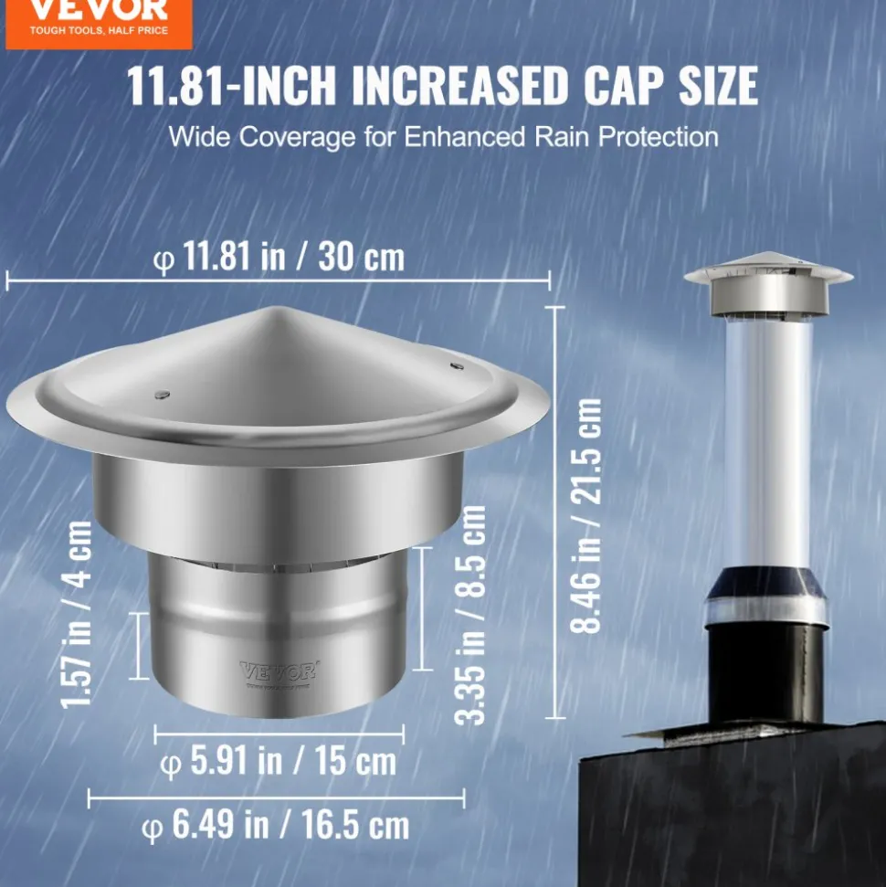 VEVOR Chimney Cap, 6 inch, 304 Stainless Steel Round Roof Rain Cap, 11.81-inch Increased Caps, All Weather & Reinforced Screws & Easy Installation, for Perfect Insulation Vent Cover Outside, Silver