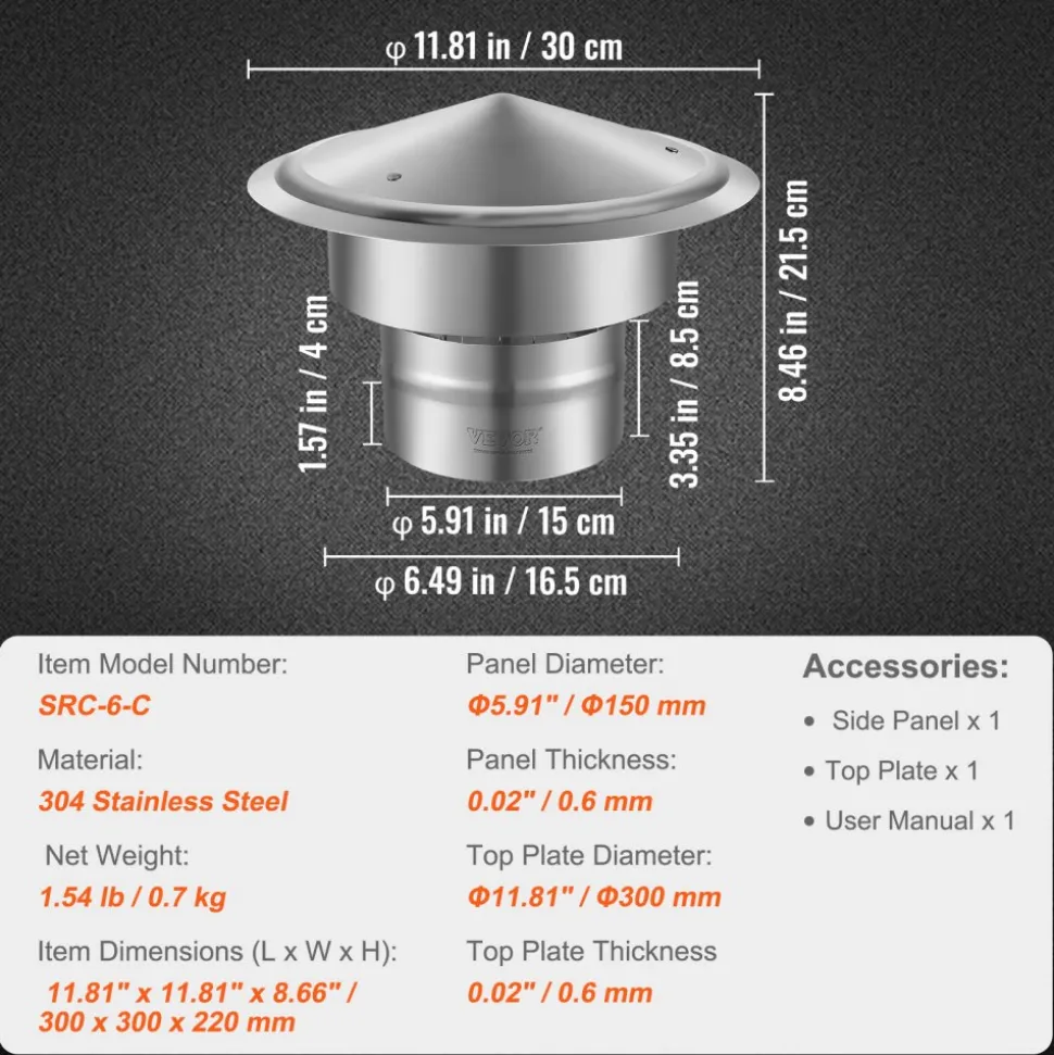 VEVOR Chimney Cap, 6 inch, 304 Stainless Steel Round Roof Rain Cap, 11.81-inch Increased Caps, All Weather & Reinforced Screws & Easy Installation, for Perfect Insulation Vent Cover Outside, Silver