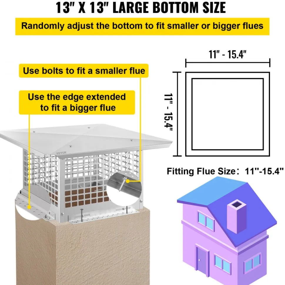 VEVOR Chimney Cap, 13" x 13" Flue Caps, 304 Stainless Steel Fireplace Chimney Cover, Adjustable Metal Spark Arrestor with Bolts Screws, Mesh Chimney Flue Cover for Outside Existing Clay Flue Tile