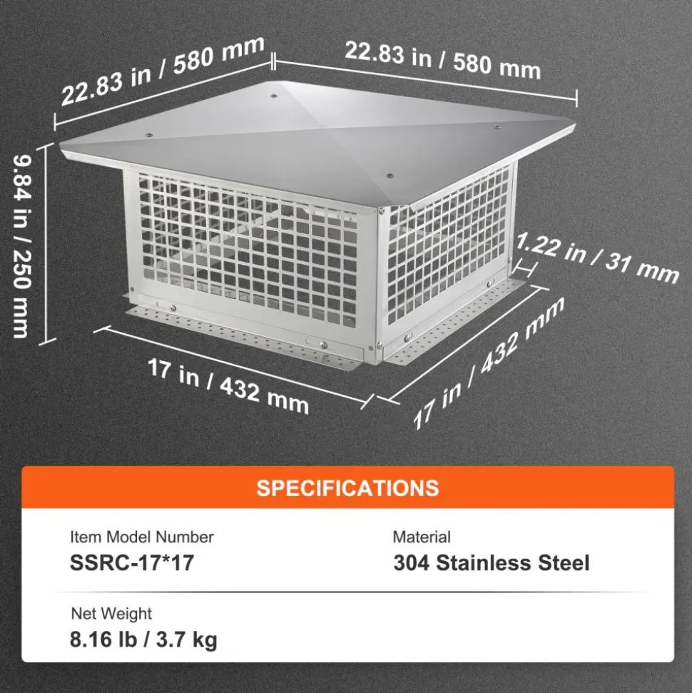 VEVOR Chimney Cap, 17 x 17 inch, 304 Stainless Steel Fireplace Chimney Cover, Not Easily Toppled & Practical Accessories & Easy Installation, Fits Mesh Flue Covers Outside Clay Flue Shingles, Silver