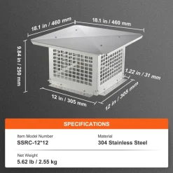 VEVOR Chimney Cap, 12 x 12 inch, 304 Stainless Steel Fireplace Chimney Cover, Not Easily Toppled & Practical Accessories & Easy Installation, Fits Mesh Flue Covers Outside Clay Flue Shingles, Silver