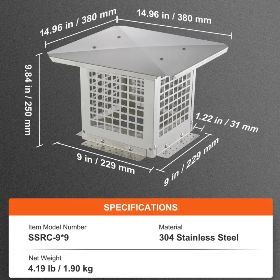 VEVOR Chimney Cap, 9 x 9 inch, 304 Stainless Steel Fireplace Chimney Cover, Not Easily Toppled & Practical Accessories & Easy Installation, Fits Mesh Flue Covers Outside Clay Flue Shingles, Silver