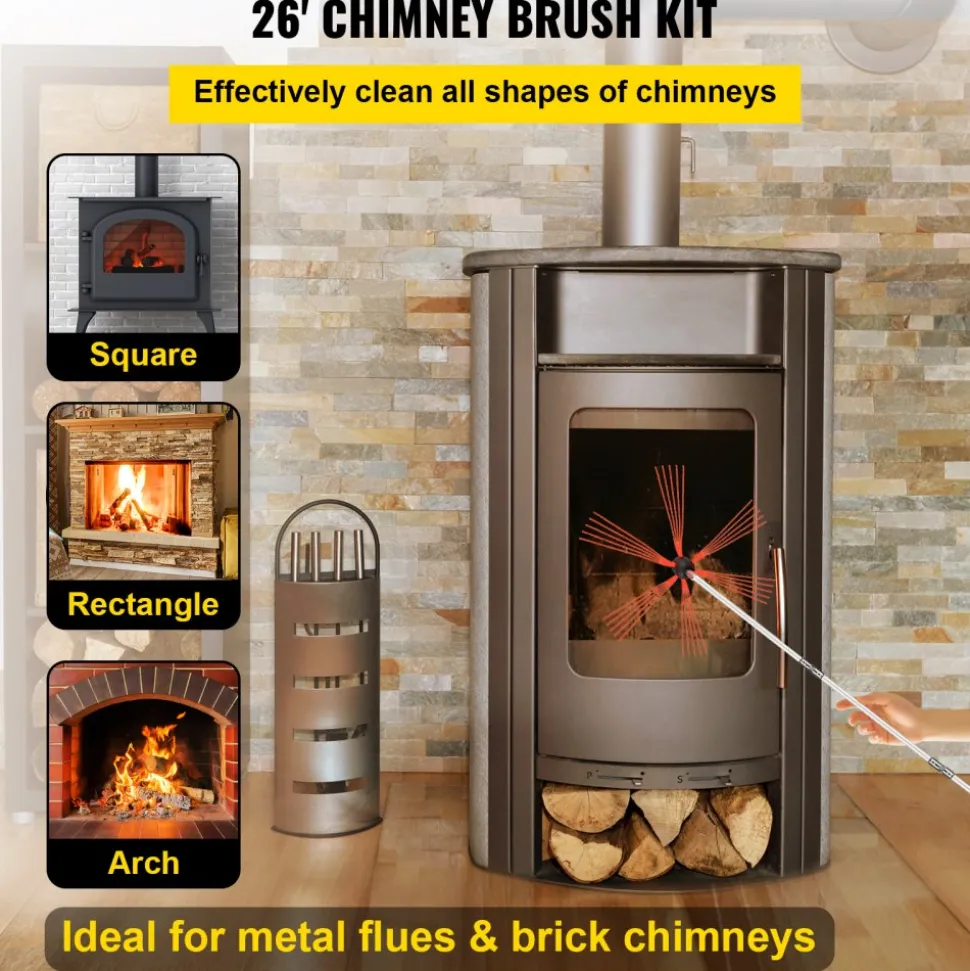 VEVOR Chimney Sweep Kit 26FT, Chimney Brush 315 Inch Chimney Brush Rod Kit 8 Rods with Nylon Flexible Rods .