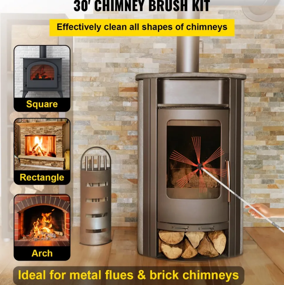 VEVOR Chimney Sweep Kit 30FT Length, Chimney Brush Kit with 9 Nylon Flexible Rods, Rotary Chimney Cleaning Kit Driven by Drill, Chimney Cleaning Tool Kits for Sweeping Fireplace Flue