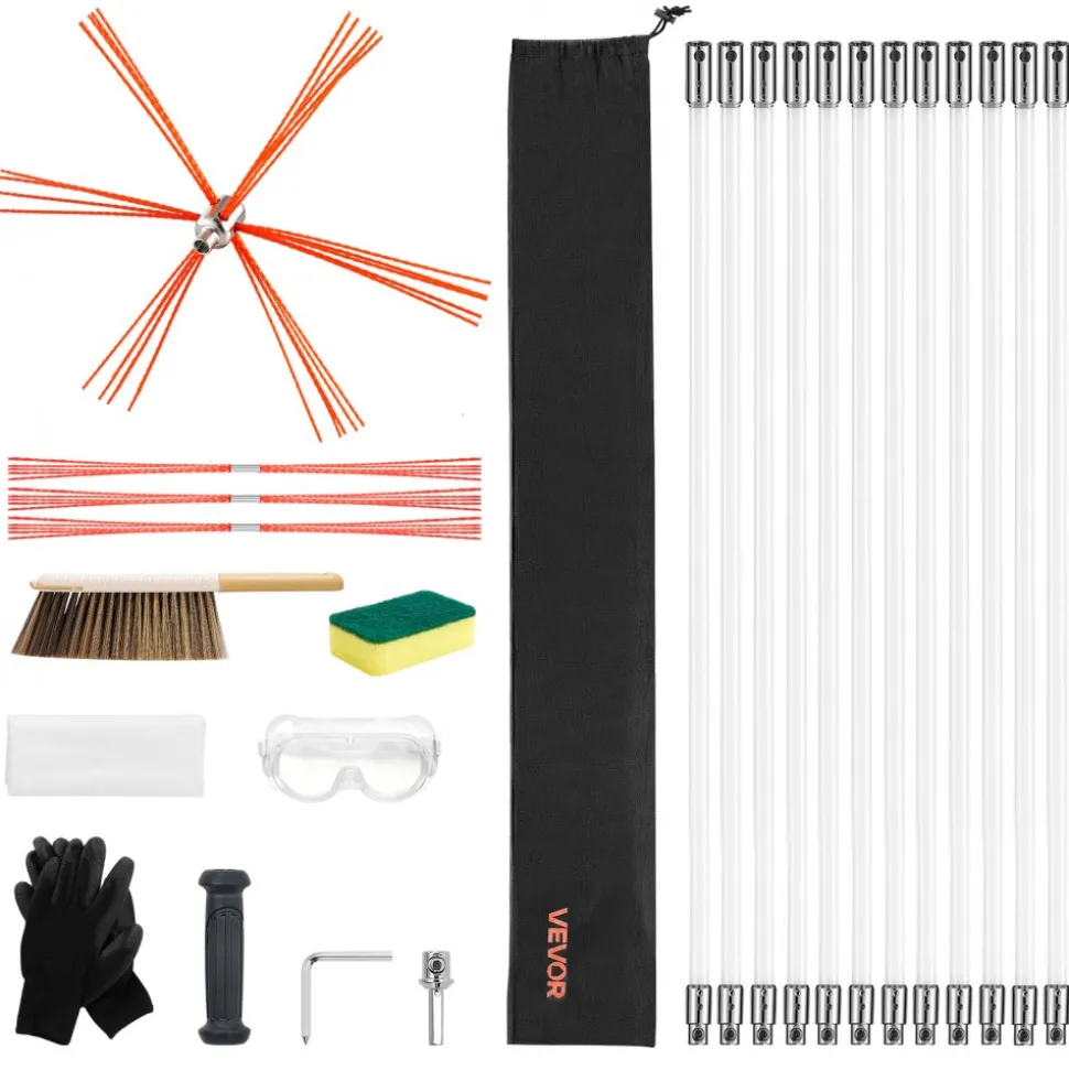 VEVOR Chimney Sweep Kit, 39 ft Maximum Extendable Length Chimney Sweep, Chimneys Cleaning Kit with Bristle Replacements & Goggles, 90° Bendable Fireplace Cleaning Tool, for Square, Rectangle Chimneys