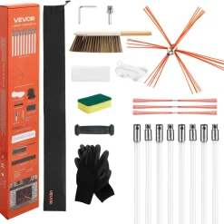 VEVOR Chimney Sweep Kit, 26 ft Maximum Extendable Length Chimney Brush, Chimneys Cleaning Kit with Bristle Replacements & Goggles, 90° Bendable Fireplace Cleaning Tool, for Square, Rectangle Chimneys