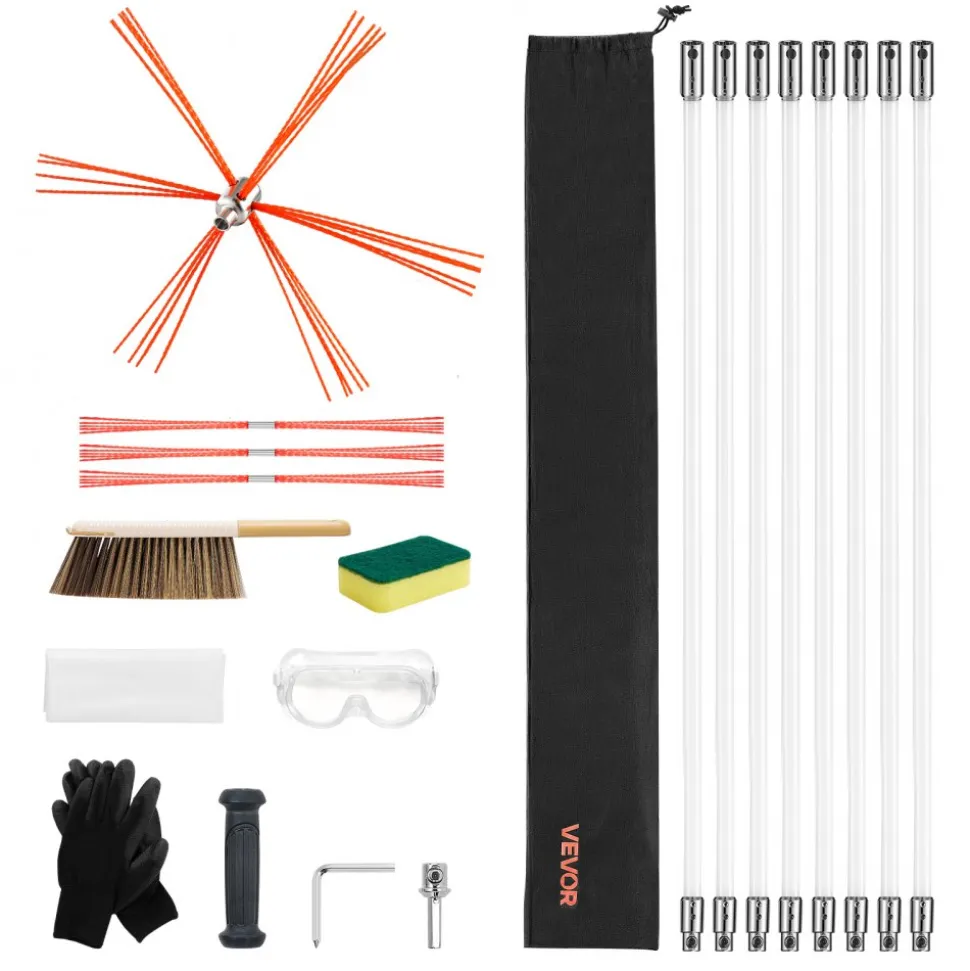 VEVOR Chimney Sweep Kit, 26 ft Maximum Extendable Length Chimney Brush, Chimneys Cleaning Kit with Bristle Replacements & Goggles, 90° Bendable Fireplace Cleaning Tool, for Square, Rectangle Chimneys