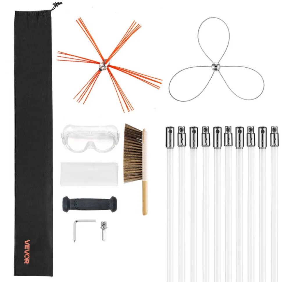 VEVOR Chimney Sweep Kit, 23 ft Maximum Extendable Length Chimney Brush, Chimney Cleaner Sweeper with Dual Brush Heads, Brush & Goggles, Fireplace Cleaning Tool for Square, Rectangle, Arch Chimneys