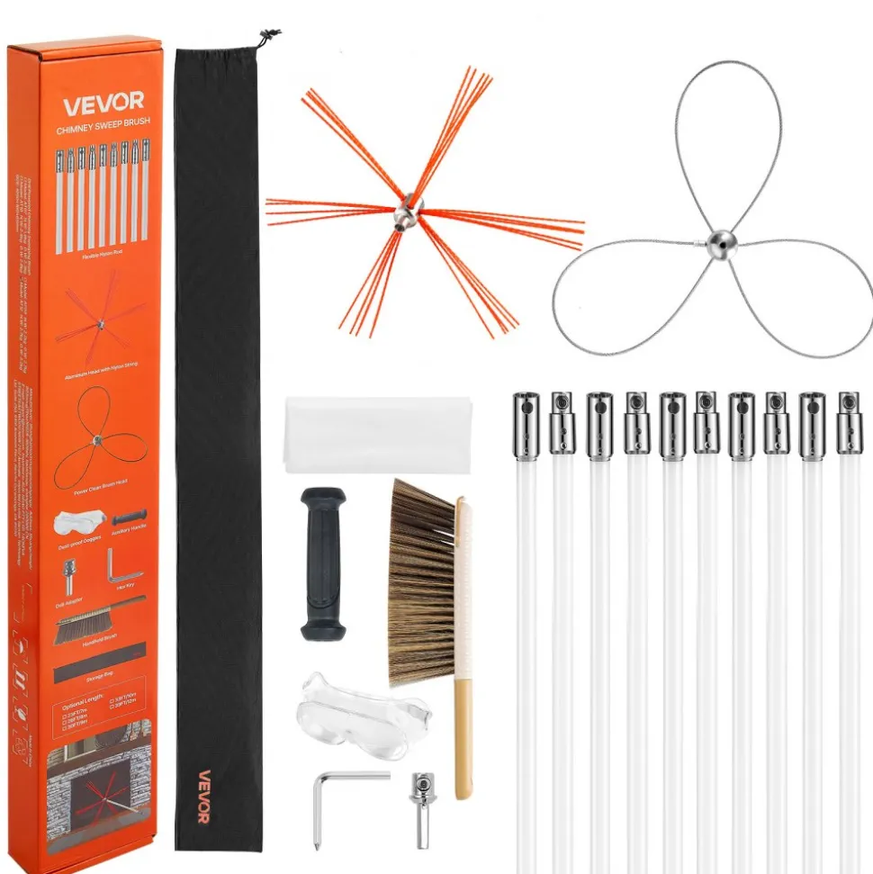VEVOR Chimney Sweep Kit, 23 ft Maximum Extendable Length Chimney Brush, Chimney Cleaner Sweeper with Dual Brush Heads, Brush & Goggles, Fireplace Cleaning Tool for Square, Rectangle, Arch Chimneys