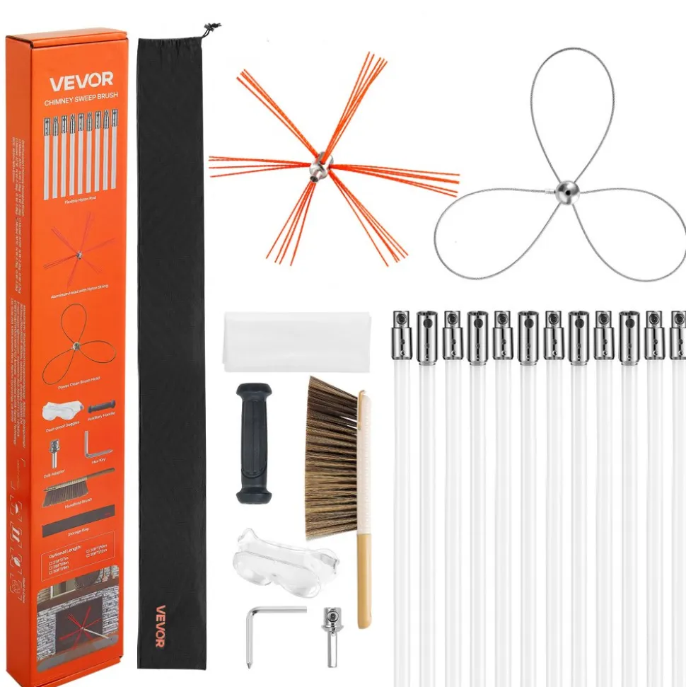 VEVOR Chimney Sweep Kit, 39 ft Maximum Extendable Length Chimney Brush, Chimney Cleaner Sweeper with Dual Brush Heads & Bristle Replacements, Fireplace Cleaning Tool for Square, Rectangle Chimneys