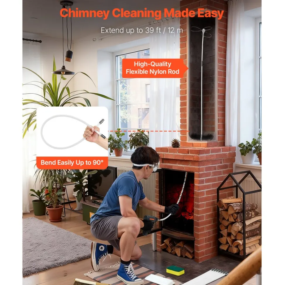 VEVOR Chimney Sweep Kit, 39 ft Maximum Extendable Length Chimney Brush, Chimney Cleaner Sweeper with Dual Brush Heads & Bristle Replacements, Fireplace Cleaning Tool for Square, Rectangle Chimneys