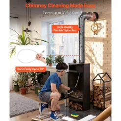 VEVOR Chimney Sweep Kit, 33 ft Maximum Extendable Length Chimney Brush, Chimneys Cleaning Kit with Bristle Replacements & Goggles, 90° Bendable Fireplace Cleaning Tool, for Square, Rectangle Chimneys