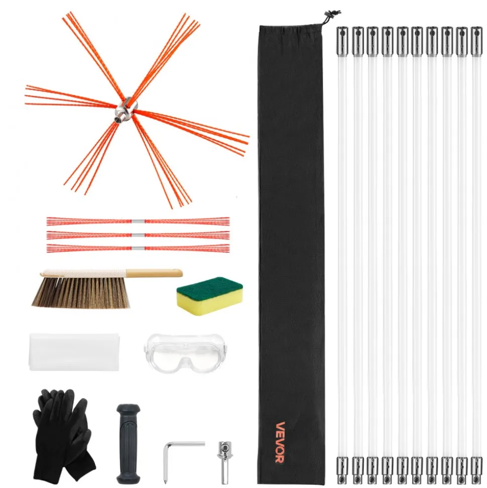 VEVOR Chimney Sweep Kit, 33 ft Maximum Extendable Length Chimney Brush, Chimneys Cleaning Kit with Bristle Replacements & Goggles, 90° Bendable Fireplace Cleaning Tool, for Square, Rectangle Chimneys