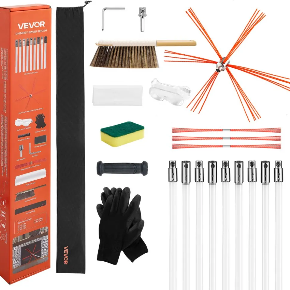 VEVOR Chimney Sweep Kit, 30 ft Maximum Extendable Length Chimney Sweep, Chimneys Cleaning Kit with Bristle Replacements & Goggles, 90° Bendable Fireplace Cleaning Tool, for Square, Rectangle Chimneys