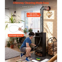 VEVOR Chimney Sweep Kit, 30 ft Maximum Extendable Length Chimney Sweep, Chimneys Cleaning Kit with Bristle Replacements & Goggles, 90° Bendable Fireplace Cleaning Tool, for Square, Rectangle Chimneys