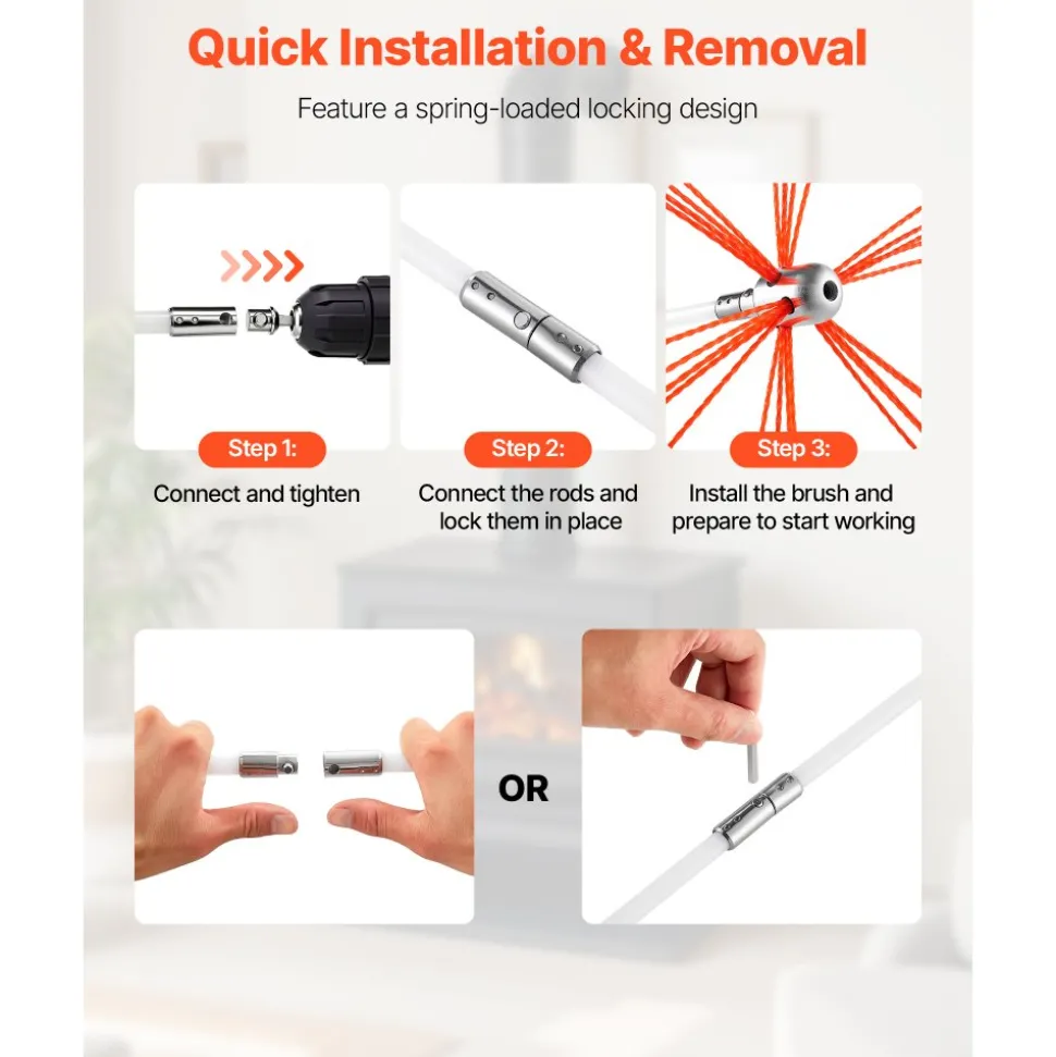 VEVOR Chimney Sweep Kit, 30 ft Maximum Extendable Length Chimney Sweep, Chimneys Cleaning Kit with Bristle Replacements & Goggles, 90° Bendable Fireplace Cleaning Tool, for Square, Rectangle Chimneys