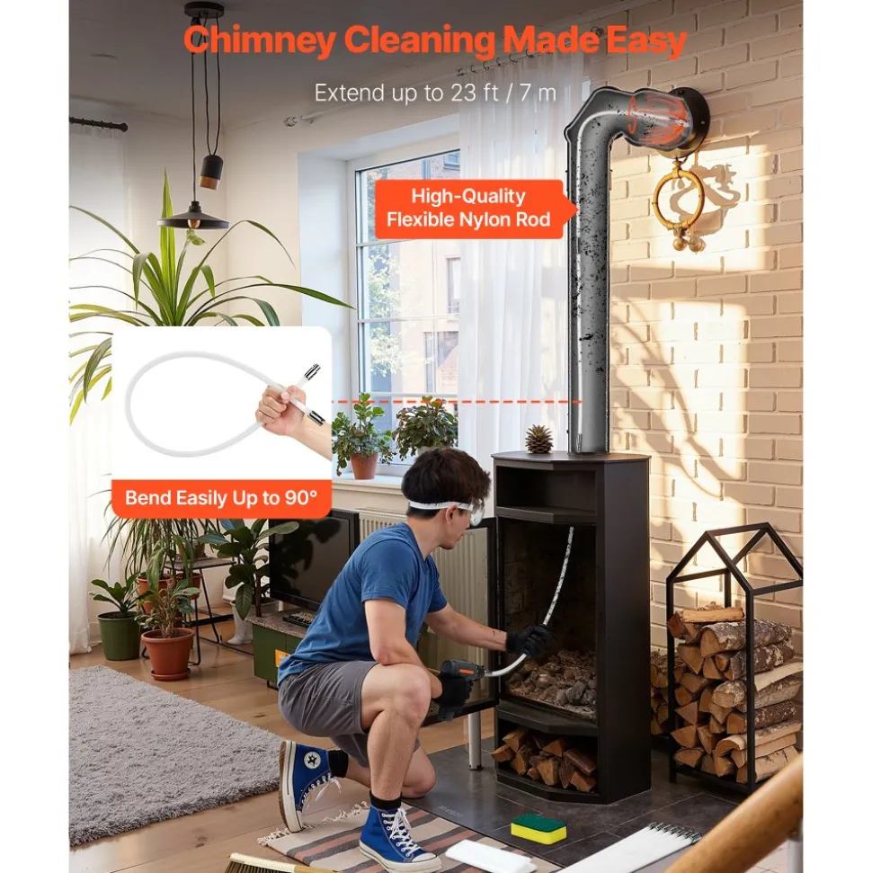 VEVOR Chimney Sweep Kit, 23 ft Maximum Extendable Length Chimney Brush, Chimneys Cleaning Kit with Bristle Replacements & Goggles, 90° Bendable Fireplace Cleaning Tool, for Square, Rectangle Chimneys