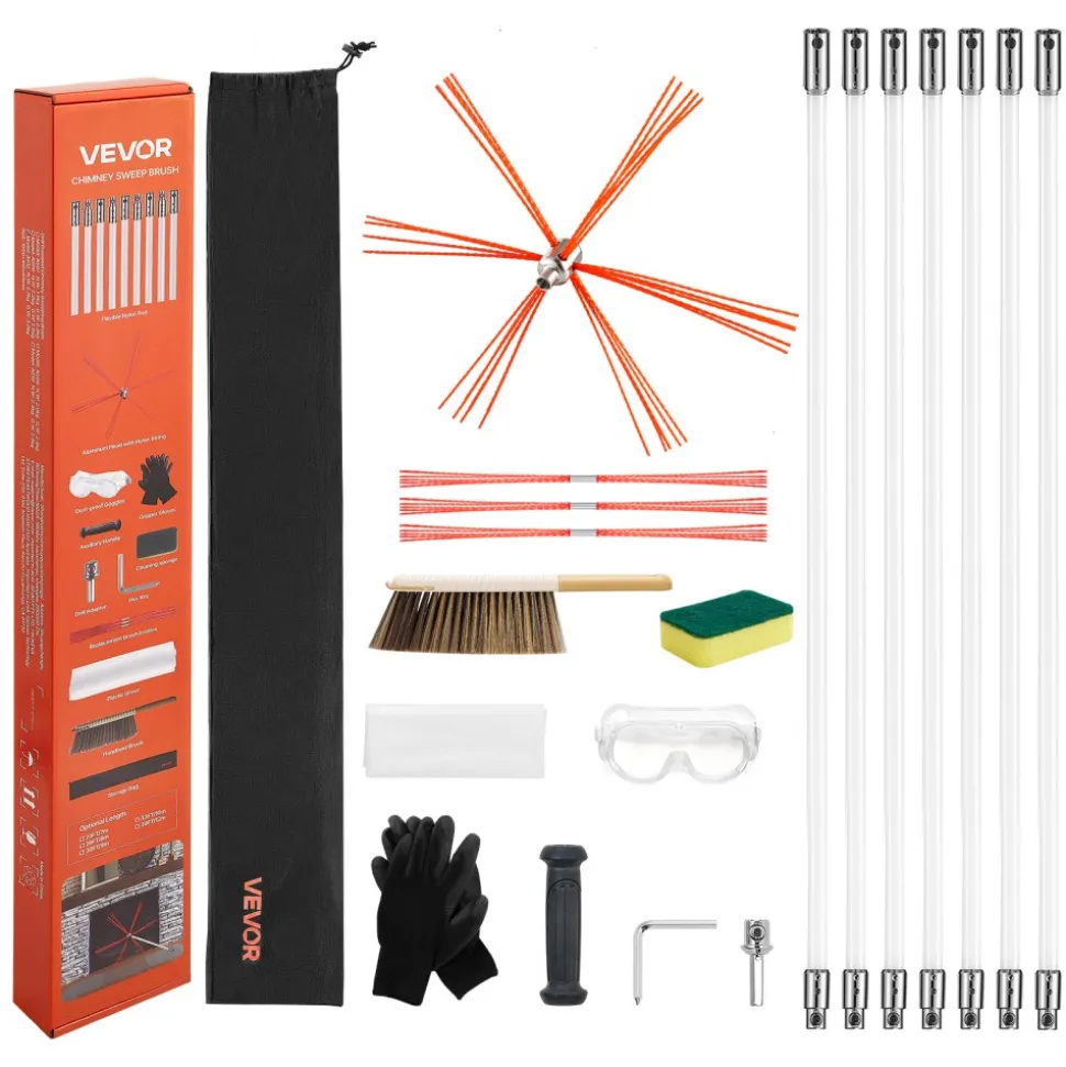 VEVOR Chimney Sweep Kit, 23 ft Maximum Extendable Length Chimney Brush, Chimneys Cleaning Kit with Bristle Replacements & Goggles, 90° Bendable Fireplace Cleaning Tool, for Square, Rectangle Chimneys