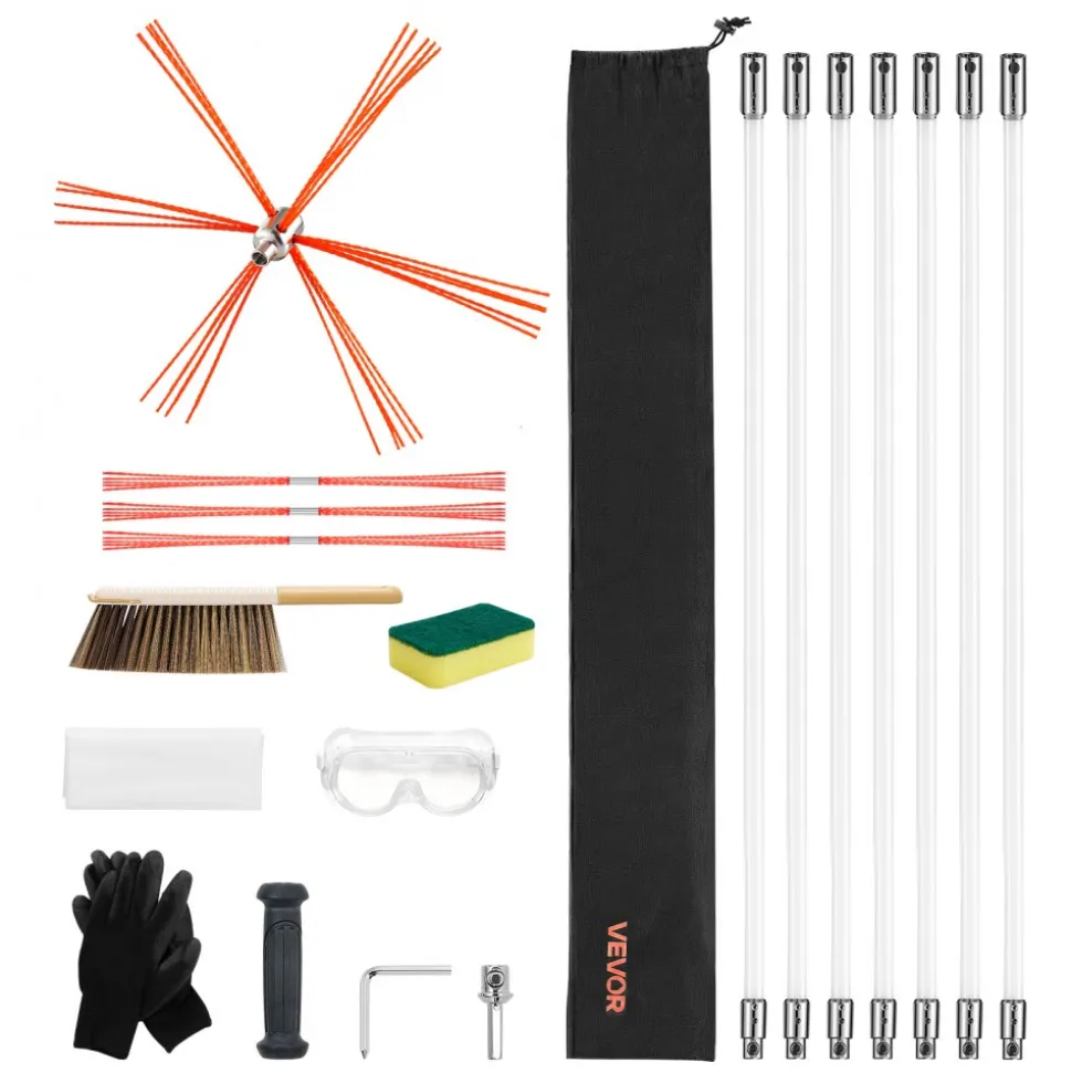 VEVOR Chimney Sweep Kit, 23 ft Maximum Extendable Length Chimney Brush, Chimneys Cleaning Kit with Bristle Replacements & Goggles, 90° Bendable Fireplace Cleaning Tool, for Square, Rectangle Chimneys