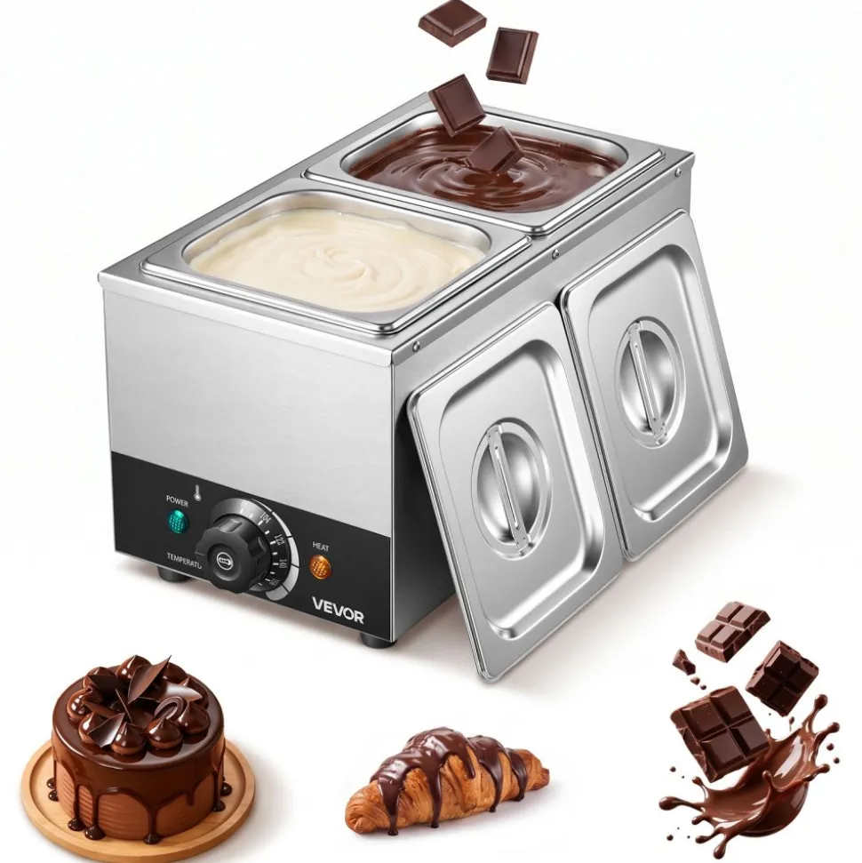 VEVOR Chocolate Melting Machine, 2 Tanks 9 Lbs Choc Commercial Melter, 800W High Power, Water Bath Heating System, Stainless Steel Body, 86℉- 185℉ Temp Range, Chocolate Warmer for Cheese Milk
