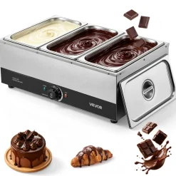 VEVOR Chocolate Melting Machine, 3 Tanks 27 Lbs Choc Commercial Melter, 1200W High Power, Water Bath Heating System, Stainless Steel Body, 86℉- 185℉ Temp Range, Chocolate Warmer for Cheese Milk