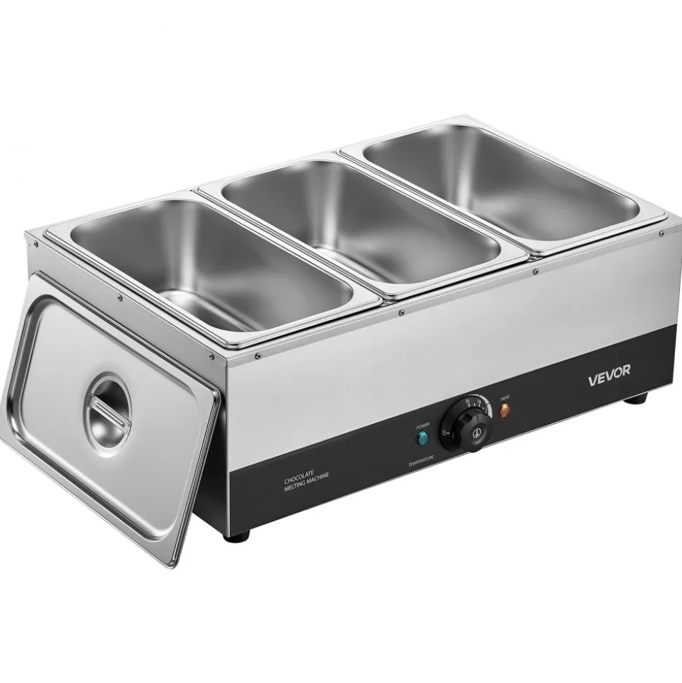 VEVOR Chocolate Melting Machine, 3 Tanks 27 Lbs Choc Commercial Melter, 1200W High Power, Water Bath Heating System, Stainless Steel Body, 86℉- 185℉ Temp Range, Chocolate Warmer for Cheese Milk