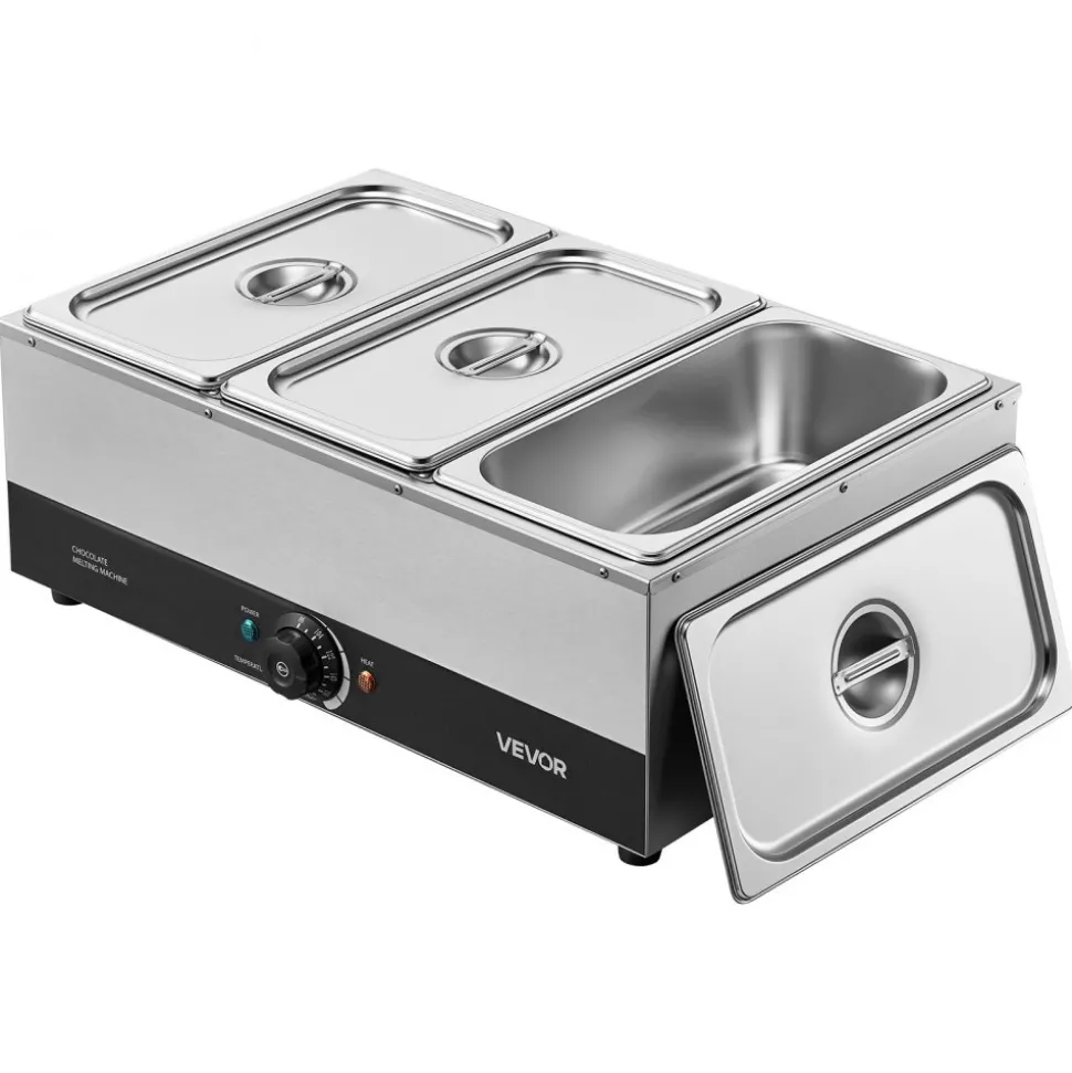 VEVOR Chocolate Melting Machine, 3 Tanks 27 Lbs Choc Commercial Melter, 1200W High Power, Water Bath Heating System, Stainless Steel Body, 86℉- 185℉ Temp Range, Chocolate Warmer for Cheese Milk