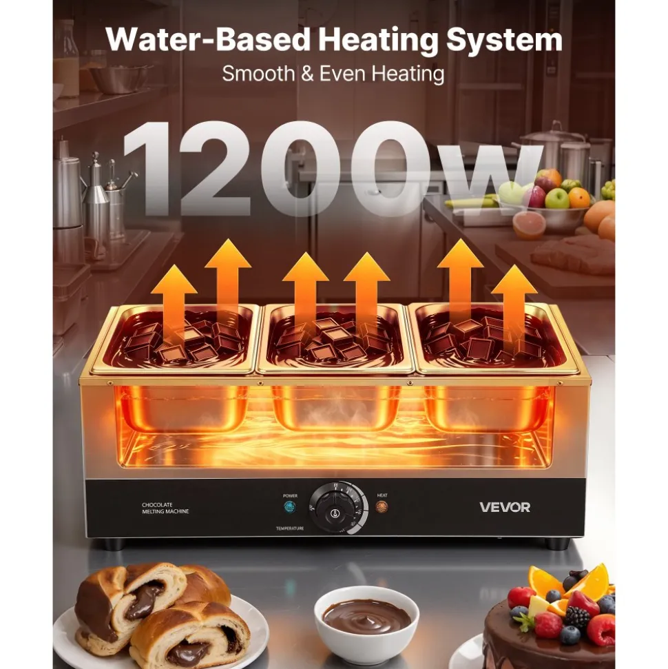VEVOR Chocolate Melting Machine, 3 Tanks 27 Lbs Choc Commercial Melter, 1200W High Power, Water Bath Heating System, Stainless Steel Body, 86℉- 185℉ Temp Range, Chocolate Warmer for Cheese Milk