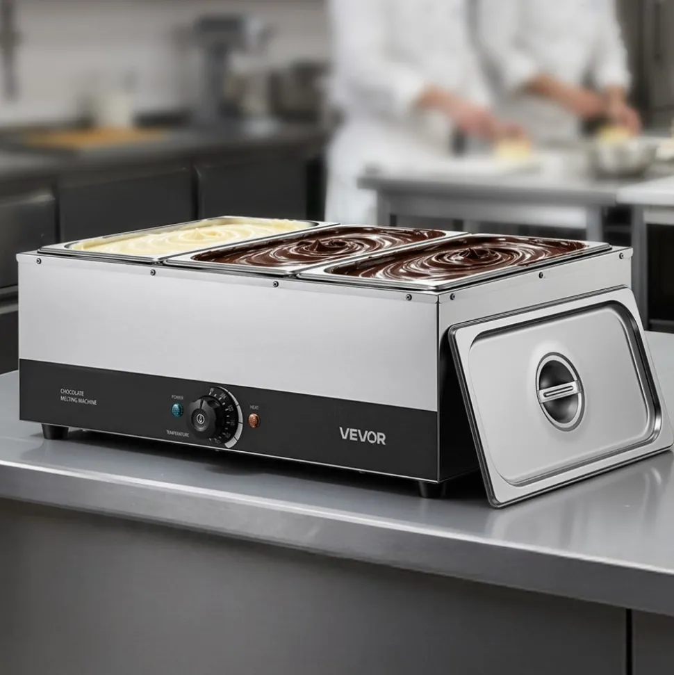 VEVOR Chocolate Melting Machine, 3 Tanks 27 Lbs Choc Commercial Melter, 1200W High Power, Water Bath Heating System, Stainless Steel Body, 86℉- 185℉ Temp Range, Chocolate Warmer for Cheese Milk